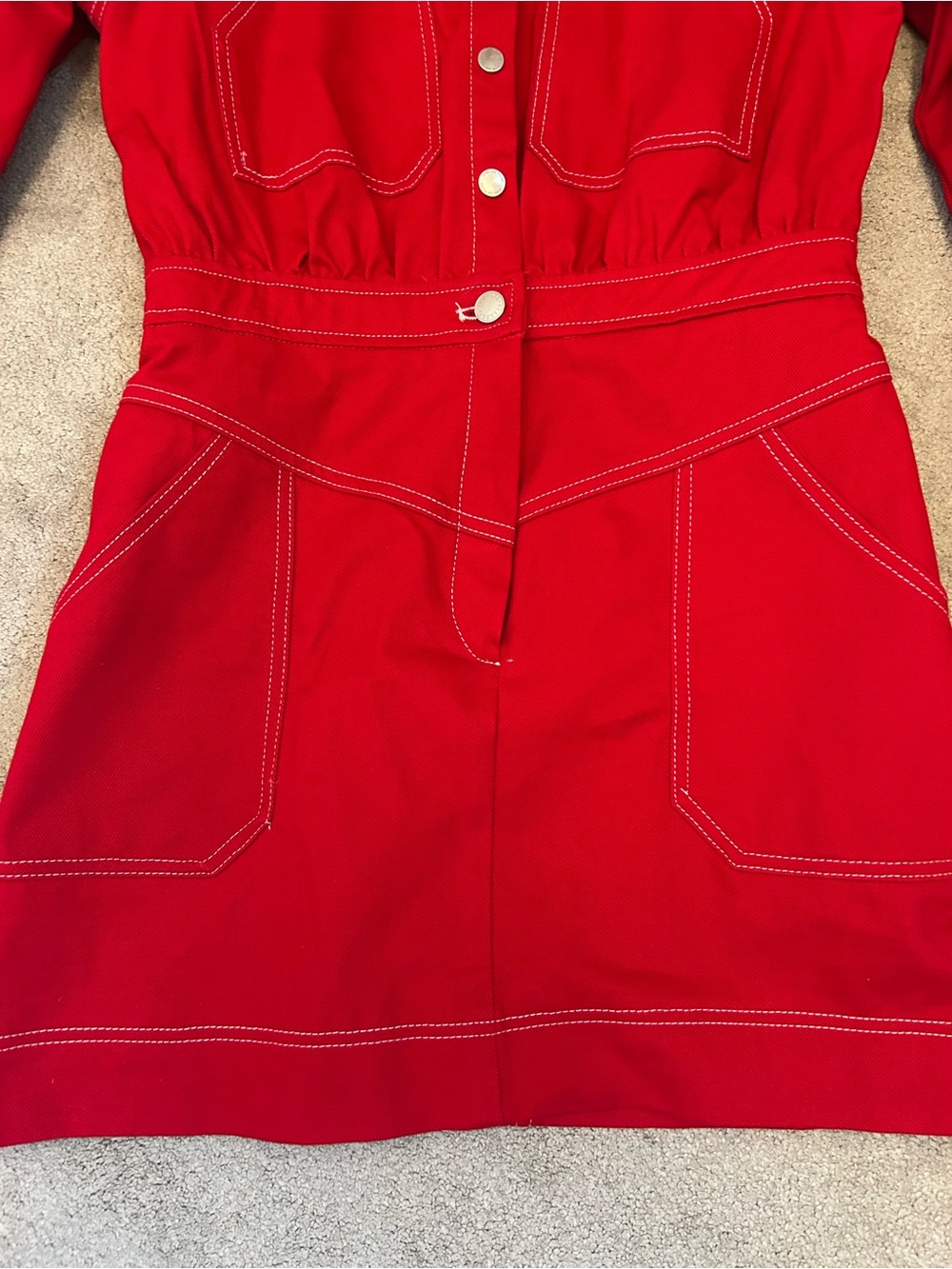 Avec Les Filles Red Long-Sleeve Button Dress with Contrast Stitching - Picture 3 of 8